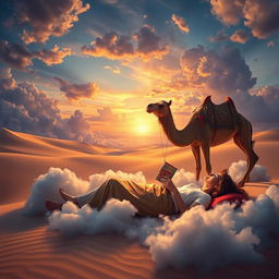 A surreal depiction of a person dreaming about sending a parcel using a camel