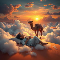 A surreal depiction of a person dreaming about sending a parcel using a camel
