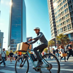 A dynamic scene depicting a person in a sleek, modern courier uniform rapidly delivering a package on a busy urban street