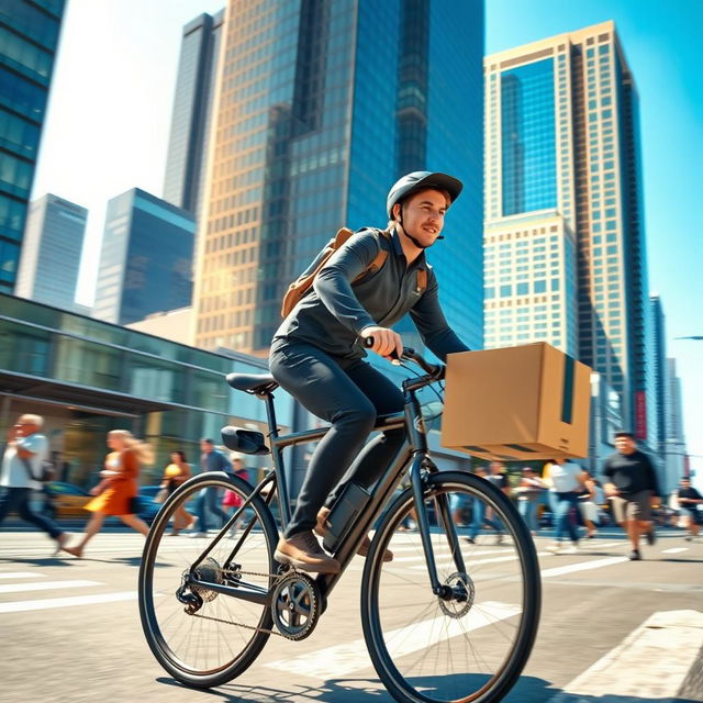 A dynamic scene depicting a person in a sleek, modern courier uniform rapidly delivering a package on a busy urban street