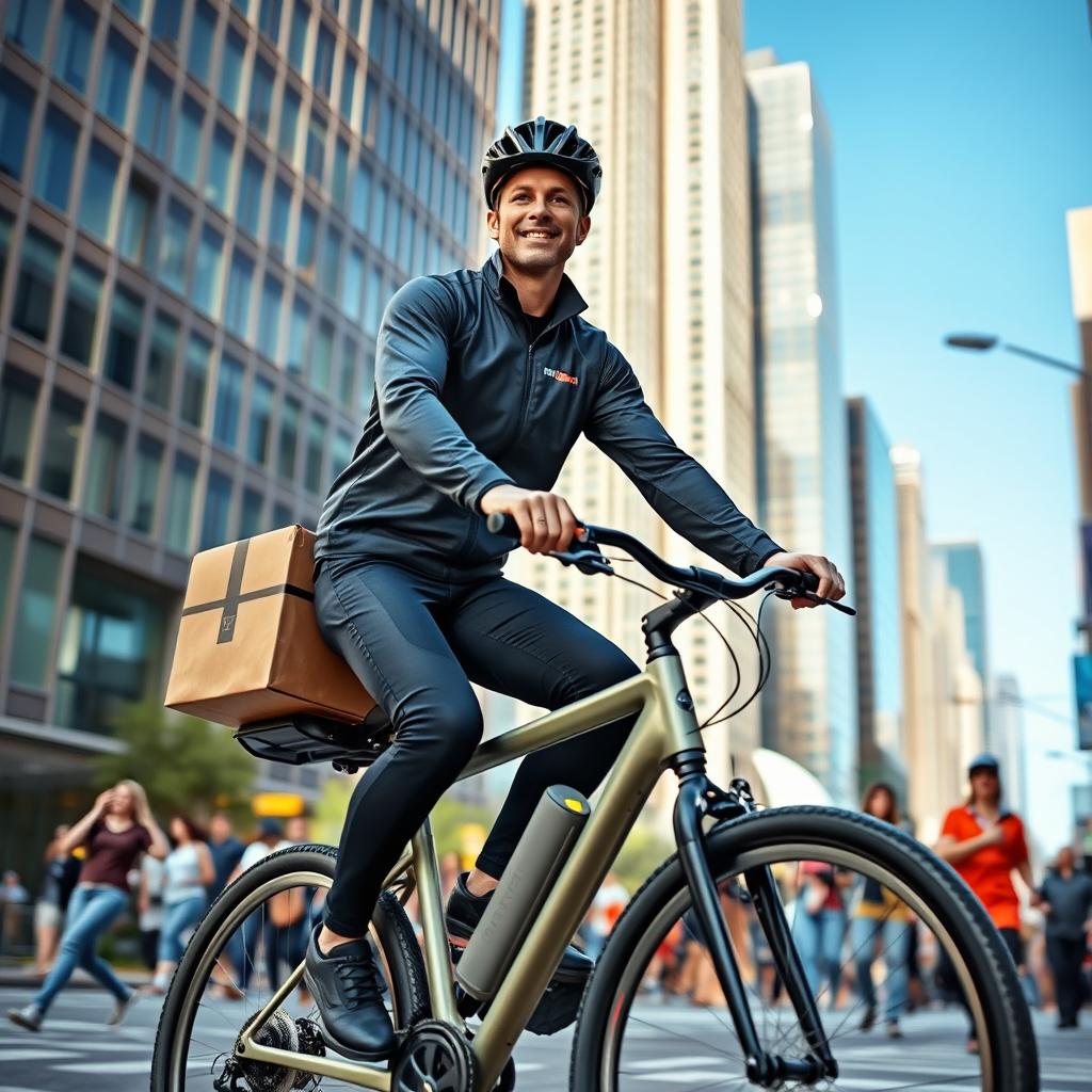 A dynamic scene depicting a person in a sleek, modern courier uniform rapidly delivering a package on a busy urban street