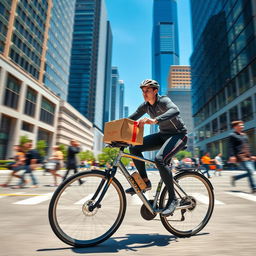 A dynamic scene depicting a person in a sleek, modern courier uniform rapidly delivering a package on a busy urban street