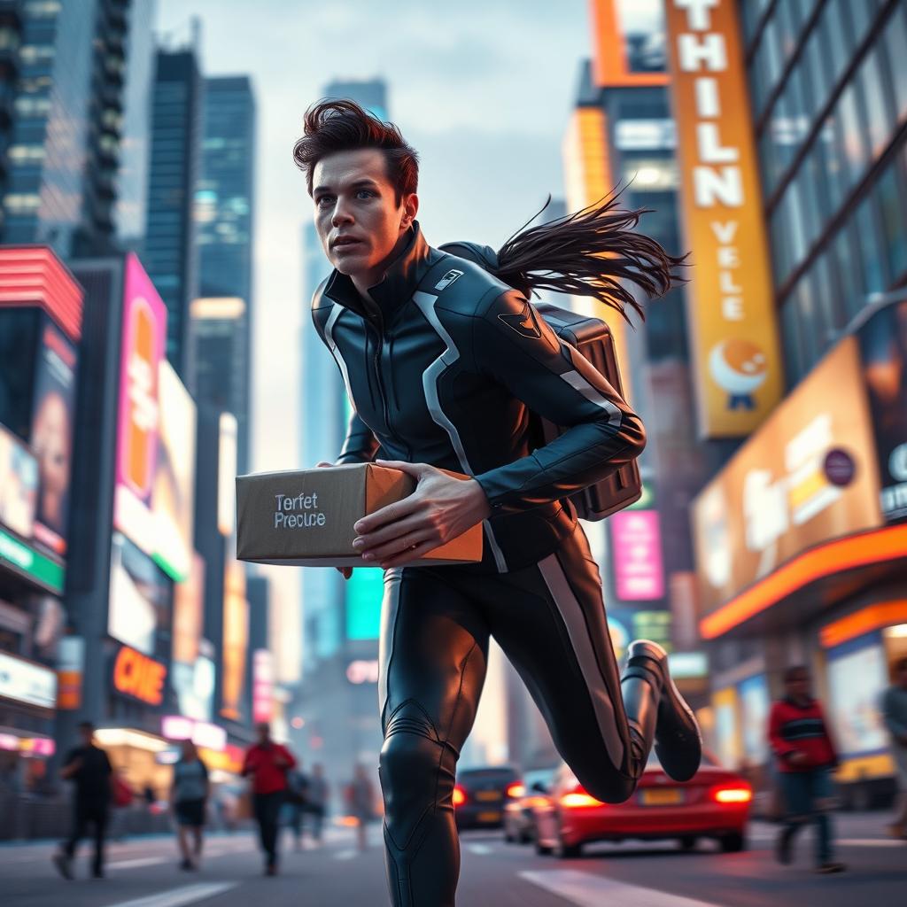 A dynamic scene of a futuristic delivery person in a sleek, high-tech suit, delivering a package with lightning speed through a bustling neon cityscape