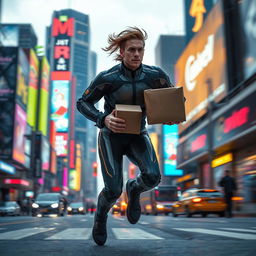 A dynamic scene of a futuristic delivery person in a sleek, high-tech suit, delivering a package with lightning speed through a bustling neon cityscape