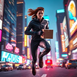 A dynamic scene of a futuristic delivery person in a sleek, high-tech suit, delivering a package with lightning speed through a bustling neon cityscape