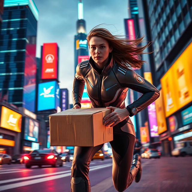 A dynamic scene of a futuristic delivery person in a sleek, high-tech suit, delivering a package with lightning speed through a bustling neon cityscape