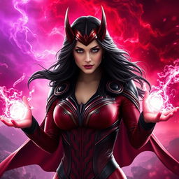 A powerful and captivating portrayal of the Scarlet Witch from the Marvel Cinematic Universe, featuring her signature red and black costume with intricate designs