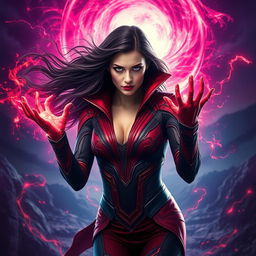 A powerful and captivating portrayal of the Scarlet Witch from the Marvel Cinematic Universe, featuring her signature red and black costume with intricate designs