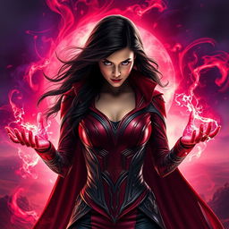 A powerful and captivating portrayal of the Scarlet Witch from the Marvel Cinematic Universe, featuring her signature red and black costume with intricate designs