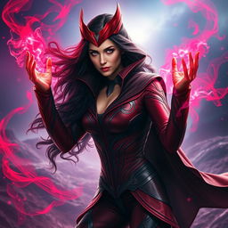 A powerful and captivating portrayal of the Scarlet Witch from the Marvel Cinematic Universe, featuring her signature red and black costume with intricate designs