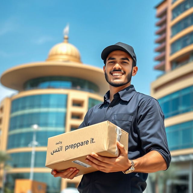 A delivery courier in Saudi Arabia, dressed in a smart uniform, is holding a package with the word "جهزها" (prepare it) clearly visible on the side