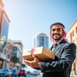 A delivery courier in Saudi Arabia, dressed in a smart uniform, is holding a package with the word "جهزها" (prepare it) clearly visible on the side