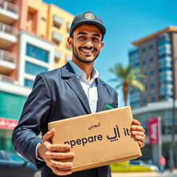 A delivery courier in Saudi Arabia, dressed in a smart uniform, is holding a package with the word "جهزها" (prepare it) clearly visible on the side