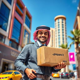 A delivery courier in Saudi Arabia, dressed in a smart uniform, is holding a package with the word "جهزها" (prepare it) clearly visible on the side