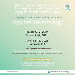 A prominent announcement for the first International Congress on Applied Microbiology, featuring important dates and registration details