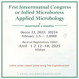 A prominent announcement for the first International Congress on Applied Microbiology, featuring important dates and registration details