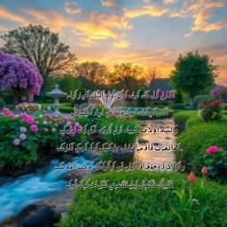 A beautiful landscape scene featuring a tranquil garden with blooming flowers and a serene water fountain
