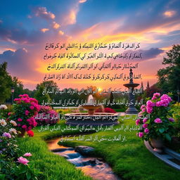 A beautiful landscape scene featuring a tranquil garden with blooming flowers and a serene water fountain