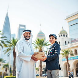 A scene depicting a Saudi man standing beside a delivery person handing over a package in a brightly lit urban setting in Saudi Arabia