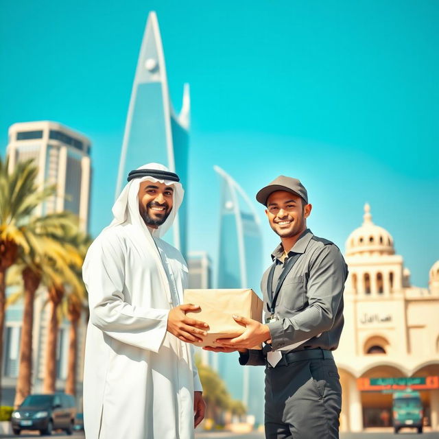 A scene depicting a Saudi man standing beside a delivery person handing over a package in a brightly lit urban setting in Saudi Arabia