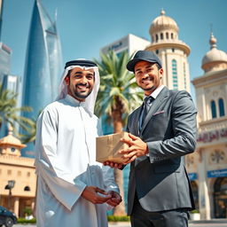 A scene depicting a Saudi man standing beside a delivery person handing over a package in a brightly lit urban setting in Saudi Arabia