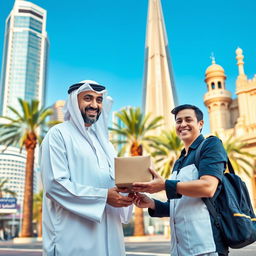 A scene depicting a Saudi man standing beside a delivery person handing over a package in a brightly lit urban setting in Saudi Arabia