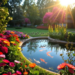 A stunning garden landscape bathed in the soft glow of early morning light
