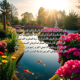 A stunning garden landscape bathed in the soft glow of early morning light