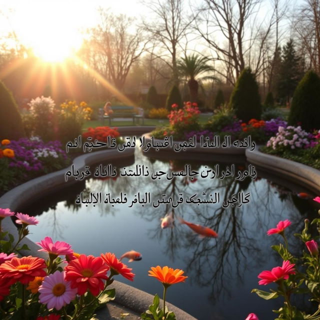 A stunning garden landscape bathed in the soft glow of early morning light