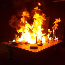 A large wooden table engulfed in flames, the fire bright and dynamic, casting flickering shadows on the surrounding area