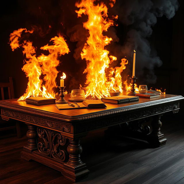 A large wooden table engulfed in flames, the fire bright and dynamic, casting flickering shadows on the surrounding area