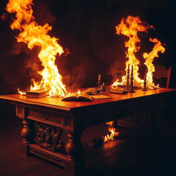 A large wooden table engulfed in flames, the fire bright and dynamic, casting flickering shadows on the surrounding area