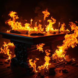 A large wooden table engulfed in flames, the fire bright and dynamic, casting flickering shadows on the surrounding area