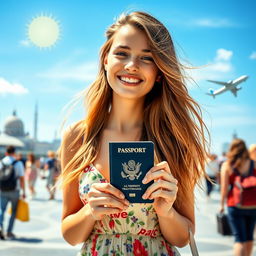 A young woman holding her passport in a vibrant outdoor setting, with a sunny sky above her