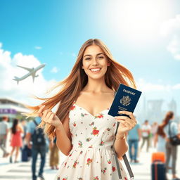 A young woman holding her passport in a vibrant outdoor setting, with a sunny sky above her