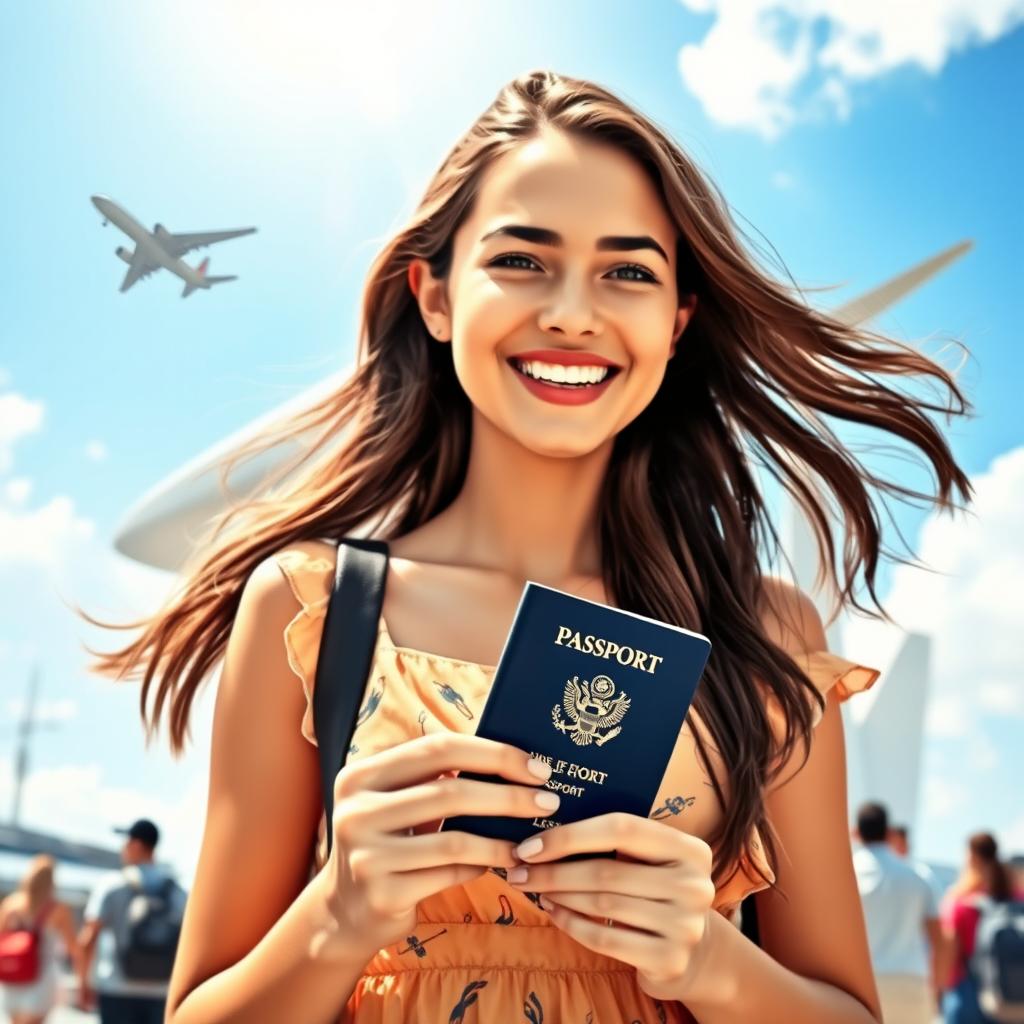 A young woman holding her passport in a vibrant outdoor setting, with a sunny sky above her