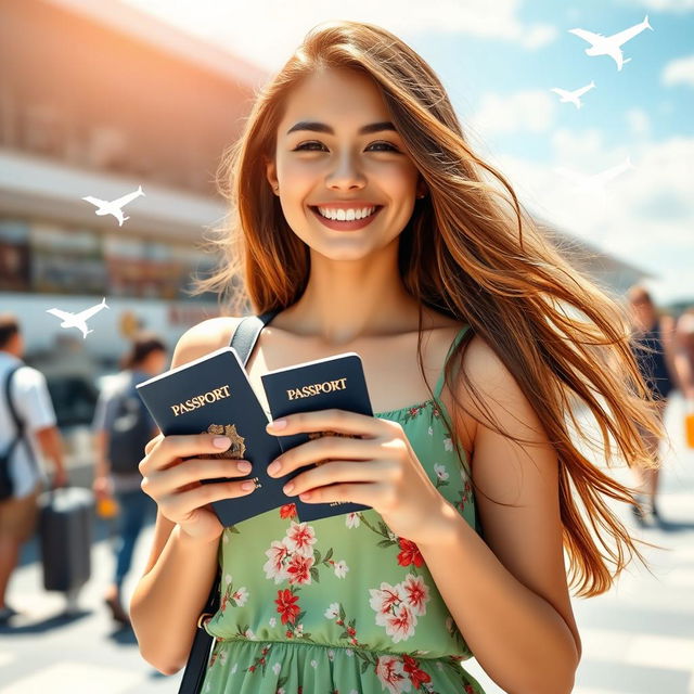 A young woman holding her passport in a vibrant outdoor setting, with a sunny sky above her