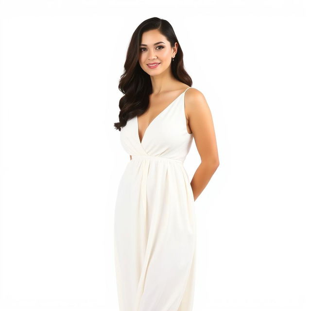 A serene and beautiful woman in a flowing, elegant dress, standing confidently