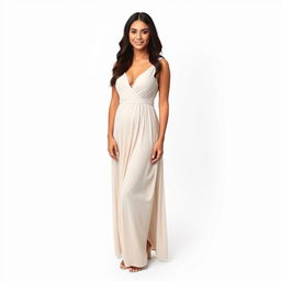 A serene and beautiful woman in a flowing, elegant dress, standing confidently