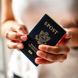 A close-up shot of a person holding a passport in their hands, emphasized by the texture and detail of the passport cover
