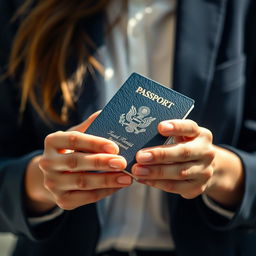 A close-up shot of a person holding a passport in their hands, emphasized by the texture and detail of the passport cover