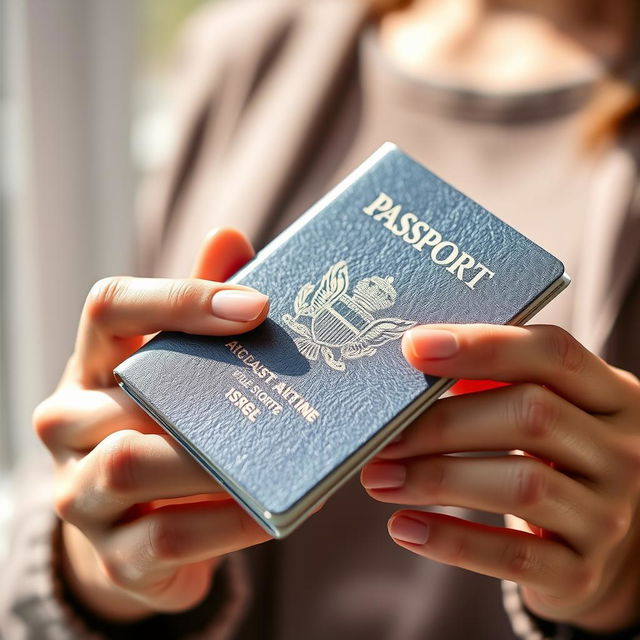 A close-up shot of a person holding a passport in their hands, emphasized by the texture and detail of the passport cover