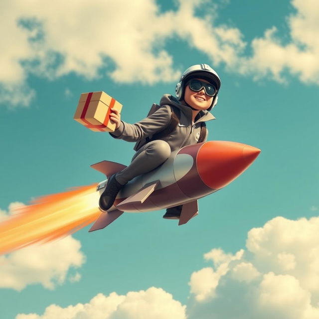 A delivery courier riding a rocket, confidently holding a package