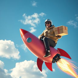 A delivery courier riding a rocket, confidently holding a package