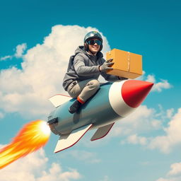 A delivery courier riding a rocket, confidently holding a package