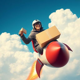 A delivery courier riding a rocket, confidently holding a package