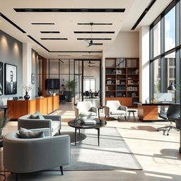 A modern, sophisticated interior design of a law office with sleek furniture, large windows allowing natural light, and a welcoming atmosphere