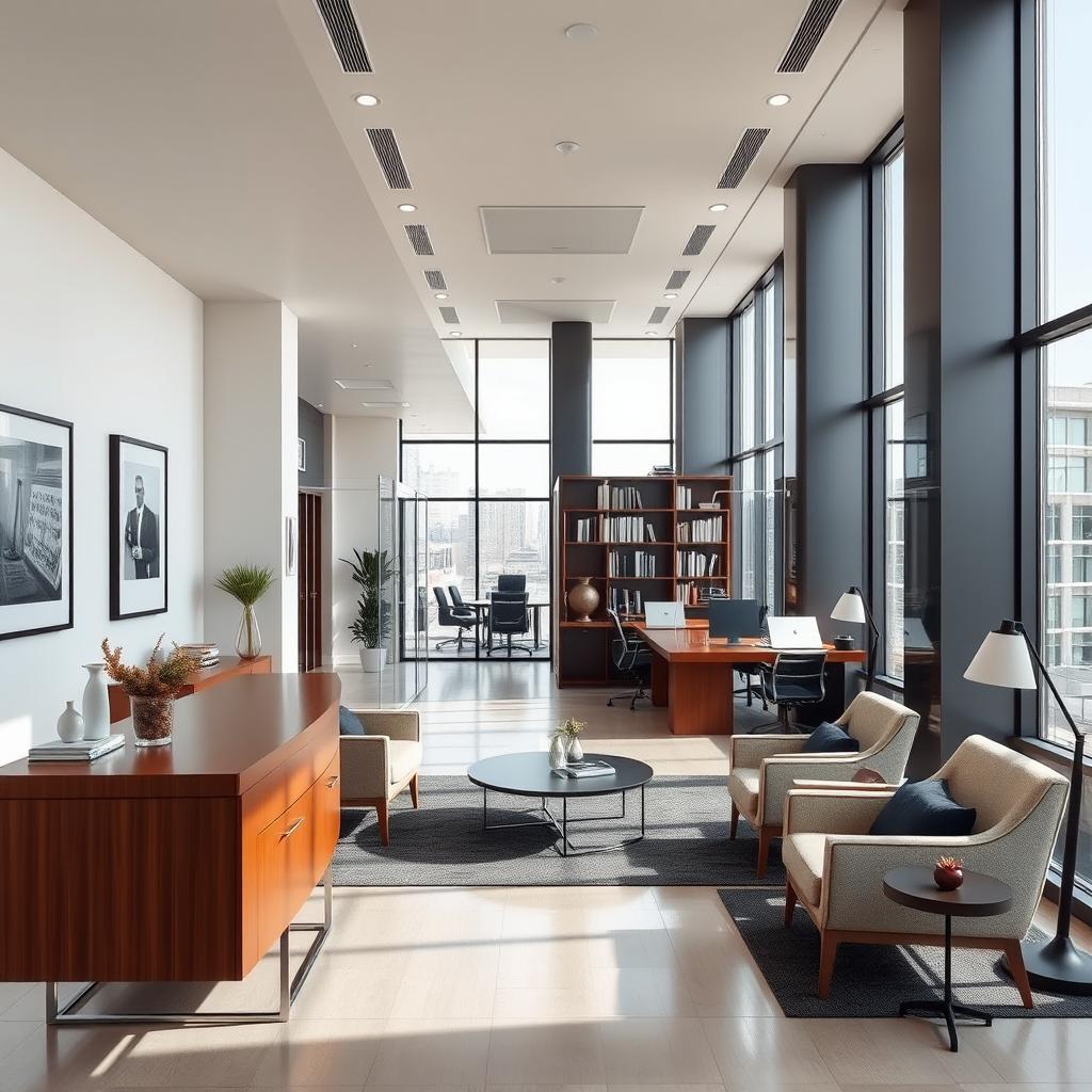 A modern, sophisticated interior design of a law office with sleek furniture, large windows allowing natural light, and a welcoming atmosphere