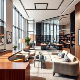 A modern, sophisticated interior design of a law office with sleek furniture, large windows allowing natural light, and a welcoming atmosphere