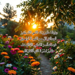A captivating image of a serene garden at sunset, filled with colorful flowers and lush greenery